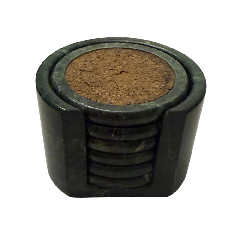 Vintage Dark Green Marble Coaster Set with Cork Inlays and Matching Holder 6pc